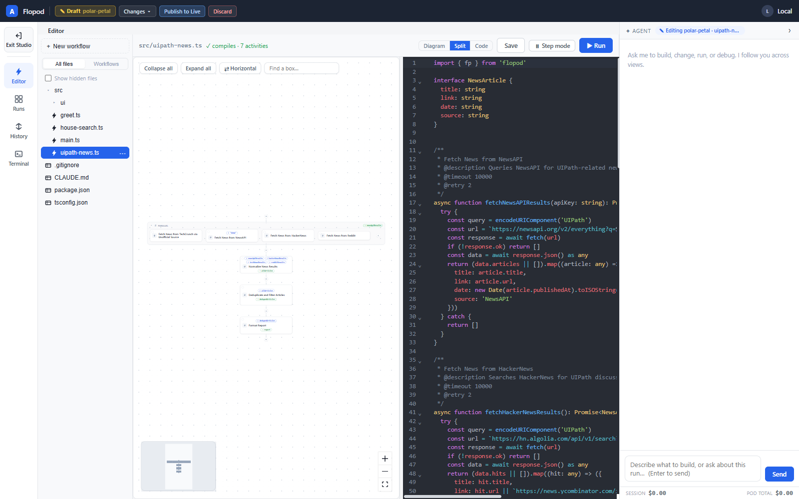 Studio: draft banner, the live graph beside its TypeScript source, compile status, and the agent dock repairing an activity